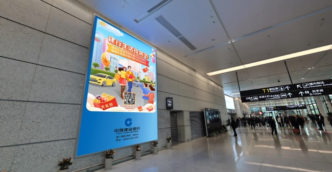 寧波機場打卡拍照最多的廣告位，寧波機場迎客廳墻面燈箱廣告